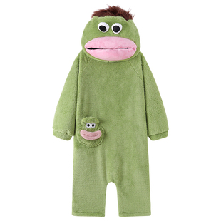 长发丑鱼连体睡衣男女冬季珊瑚绒大头大嘴怪有头发家居服抽象搞怪