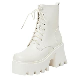 超高跟短靴真皮防水台厚底马丁靴冬季女鞋加绒加厚小个子靴子白色