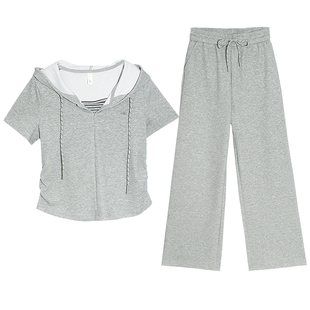 休闲连帽短袖阔腿长裤套装女夏季2026新款时尚今年流行爆款两件套