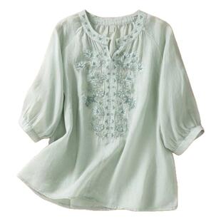 今年流行的女装上衣女V领显瘦纯色七分袖外贸复古棉麻刺绣衬衫