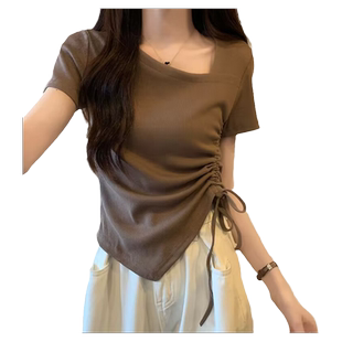 韩系chic港风抽绳短袖T恤女夏季修身显瘦不规则短款斜领半袖上衣