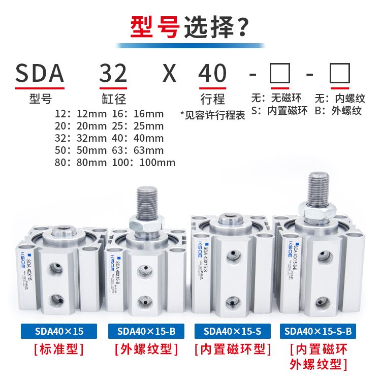 SDA带磁薄型气缸SDAS20/25/32/40*5X10X15/30/50/60/70/80/100-S
