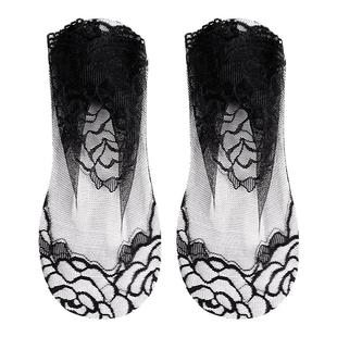 浪莎棉底丝袜女短款夏季黑色肉色蕾丝款防滑棉底袜子女薄款中短筒