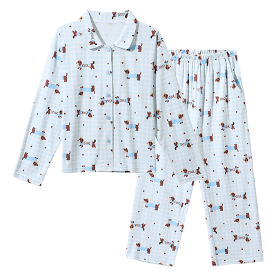 tutuanna秋季新款睡衣女 超柔面料腊肠狗满印格子前扣长袖家居服