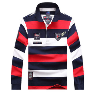 2025春秋款正品鲨鱼男士长袖t恤翻领条纹t恤衫男装宽松大码Polo衫