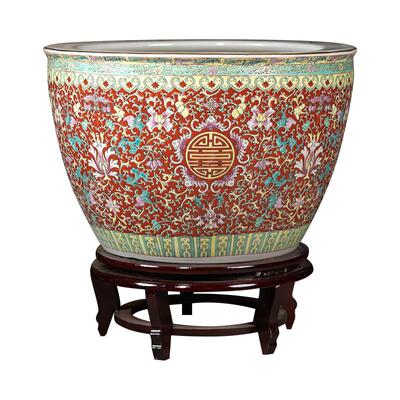 景德镇手绘粉彩鱼缸陶瓷大号睡莲荷花盆客厅书画缸仿古风水缸摆件