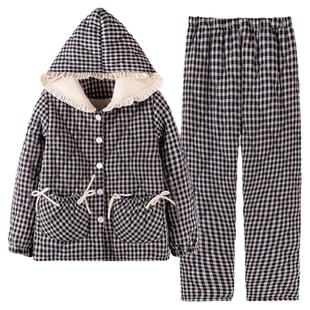 猫人睡衣女士冬季三层加厚加绒梭织纯棉夹棉秋冬珊瑚绒家居服