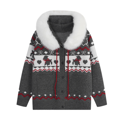 YUZI鱼子费尔岛开衫大毛领大码