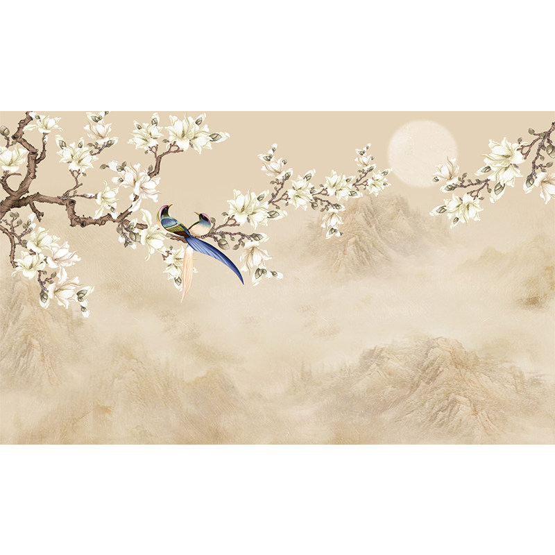 新中式玉兰花鸟电视背景墙壁画