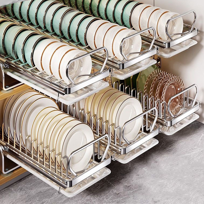 不锈钢碗碟收纳架厨房橱柜内置物架抽屉式拉篮抽拉碗盘子沥水碗架