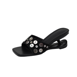 巨好看高跟黑色方头凉鞋女夏季异形坡跟百搭亮片一字凉拖2026新款