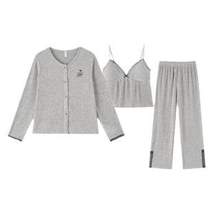 睡衣女款2026新款冬高级感秋冬款三件套蕾丝带胸垫冬季家居服毛绒