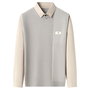 男士针织毛衣假两件春秋季衬衫领外穿韩版厚款衬衣帅气青年打底衫