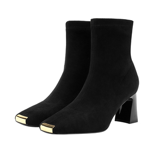 哈森袜靴女秋冬新款粗跟弹力瘦瘦靴电镀防踢时装靴短靴HWA230201