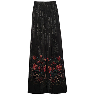 新中式缎面提花阔腿裤长裤女2026春季新款民族风刺绣松紧腰直筒裤