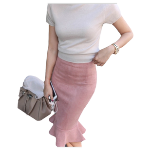 韩版秋冬新款麂皮绒开叉荷叶边鱼尾裙高腰显瘦弹力包臀春季半身裙