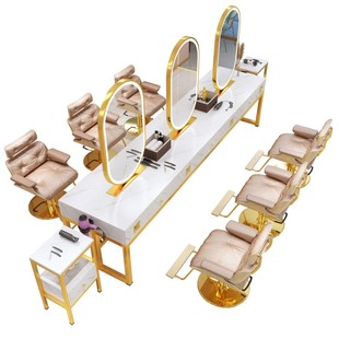 理发店镜台带灯双面大理石美发镜子发廊专用带柜子一体网红烫染桌