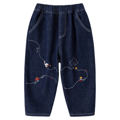 嘟嘟家儿童加绒牛仔裤宝宝新年裤子男童女童冬季长裤刺绣童装衣服