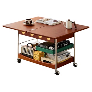 中古风实木可移动茶几家用客厅设计感折叠沙发边几阳台带轮小方桌