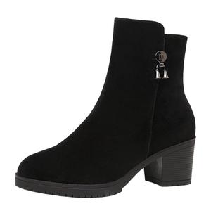 真牛皮舒适软底高跟磨砂短靴女单靴软底防滑妈妈粗跟厚底马丁靴