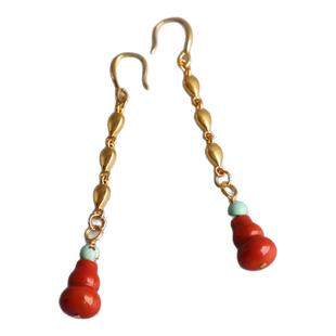 南红玛瑙18K包金气质耳坠秀气柿子红葫芦耳环A天然女绿松耳坠纯银