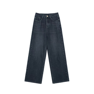 蓝灰色直筒牛仔裤女冬季加绒加厚大码梨形身材胖mm宽松显瘦阔腿裤