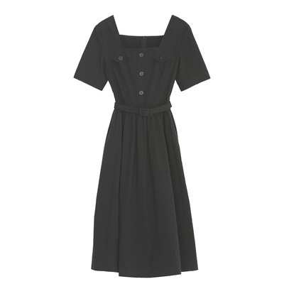 谜底2022夏季新款简洁通勤收腰显瘦大方领短袖连衣裙222ML0694