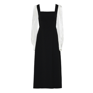 DPLAY2025春季气质法式黑色连衣裙女方领撞色泡泡袖长款裙子长裙