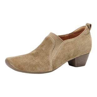 4cm磨砂真皮粗跟复古方头乐福鞋女中跟深口通勤杏色百搭懒人单鞋