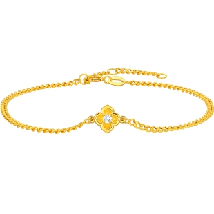 潮宏基招财小金花四叶草黄18K金钻石手链轻奢高级送女友生日礼物