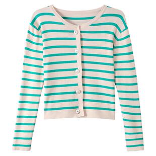 条纹针织开衫女春季新款女装薄款长袖小个子上衣高腰短款毛衣外套