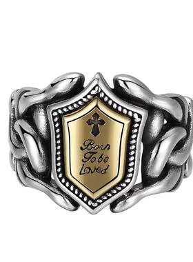 富贵鹿s925银复古做旧盾牌指环