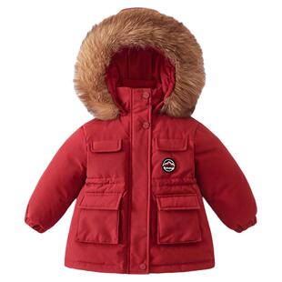 班喜迪三防儿童羽绒服冬装女童白鸭绒中长款外套女宝宝过年拜年服