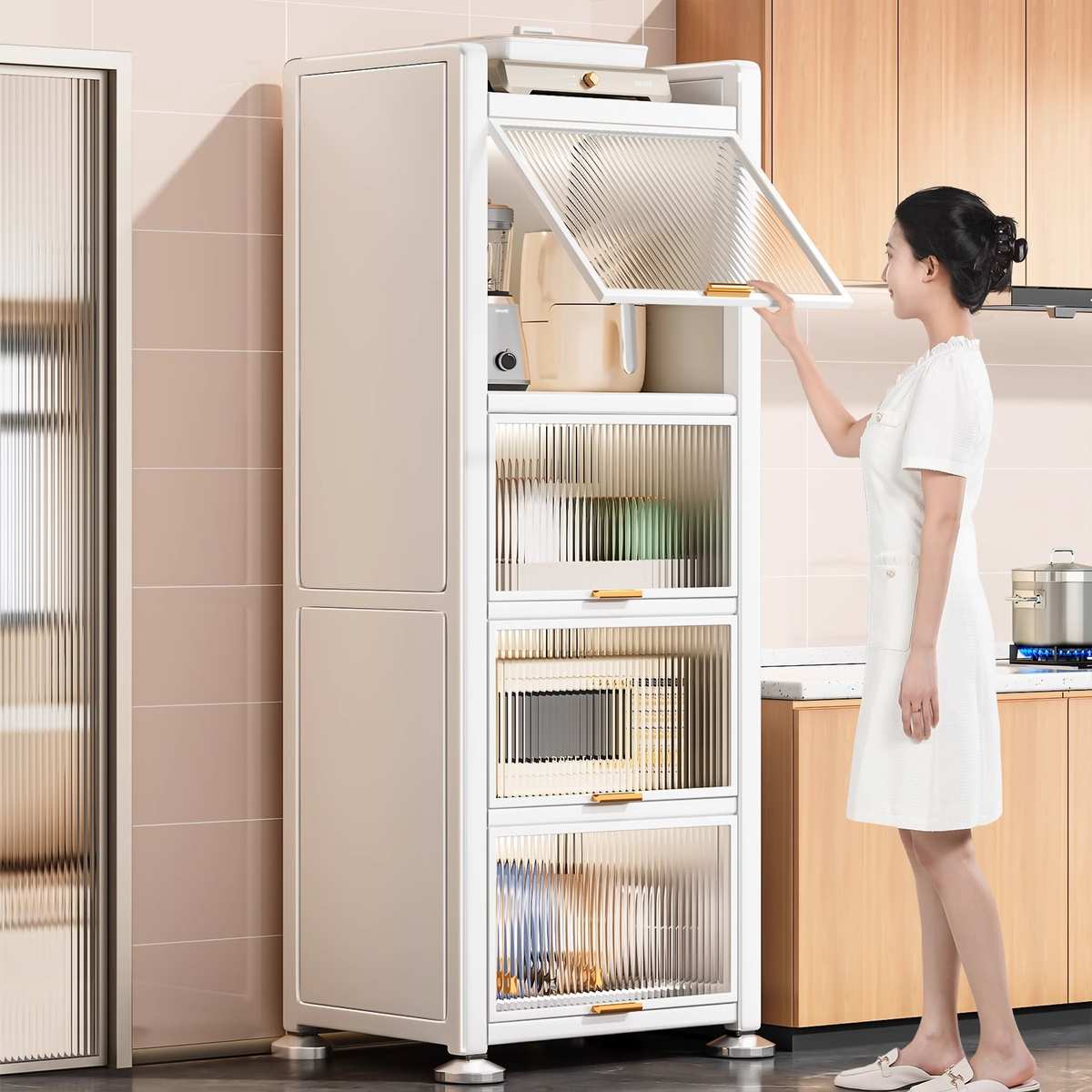 厨房夹缝置物架落地多层锅具收纳柜微波炉多功能橱柜窄缝储物柜子