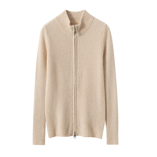 刘雯同款双开拉链山羊绒衫女立领纯色抽条针织开衫秋冬显瘦毛衣