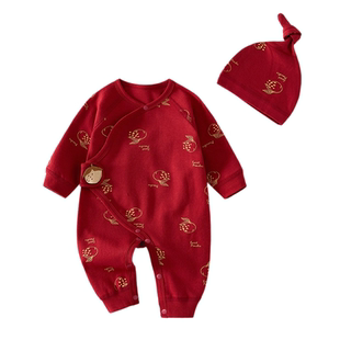 新生儿大红色连体衣婴儿哈衣春秋纯棉初生和尚服爬服男女宝宝内衣