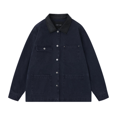 FIRSTFLOOR 中长款皮质洗水立领宽松拼接复古格纹猎装夹克上衣女