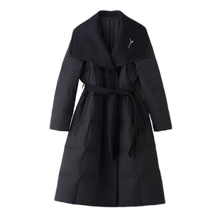 轻奢潮流羊毛大翻领羽绒服女2025冬季新款中长款收腰显瘦黑色外套