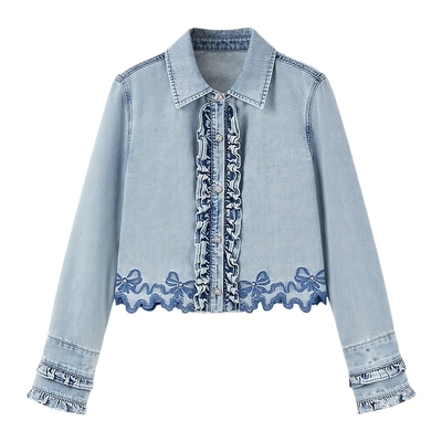 MISSCOCOON可可尼木耳边牛仔衬衫女2026春新款蓝色翻领棉质短外套