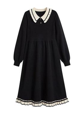 阔色法式黑色显瘦针织连衣裙女2022新款秋装长袖毛衣长裙子冬预售