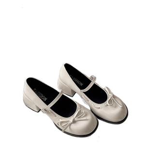 酒红色单鞋女2025年新款蝴蝶结晚晚风法式浅口粗跟高跟鞋玛丽珍鞋