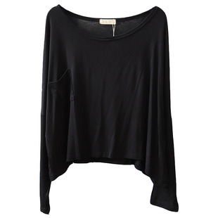 莫代尔短款口袋长袖打底衫春秋季百搭简约纯色罩衫显瘦一字领上衣