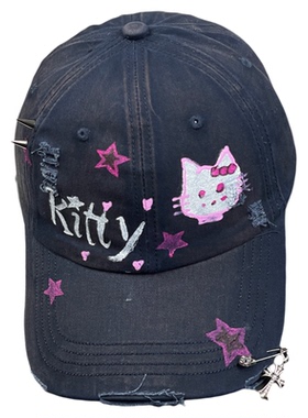 手绘涂鸦帽子街头破洞Kitty猫棒球帽女款高品质甜酷显脸小鸭舌帽
