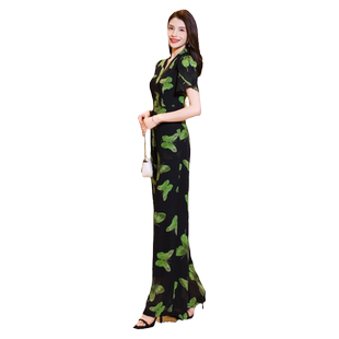 绿色蝴蝶印花连体裤显瘦新款女夏雪纺高端长款套装连衣阔腿裤2254