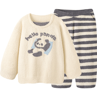 半边绒睡衣女款秋冬季加厚保暖家居服可爱小熊猫加绒大码柔软套装