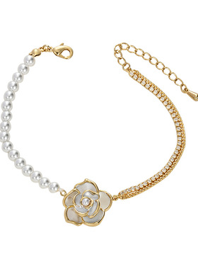 夏季新款简约轻奢风山茶花手链女铜镀真金双链条手饰品日常优雅款