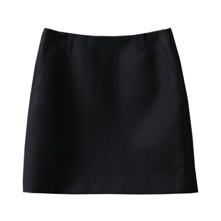 精纺羊毛前后带兜黑色高腰半身裙 防走光内衬 显瘦包臀短款裙
