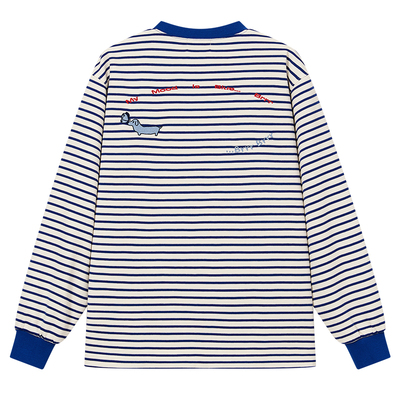 海军风条纹刺绣休闲T恤