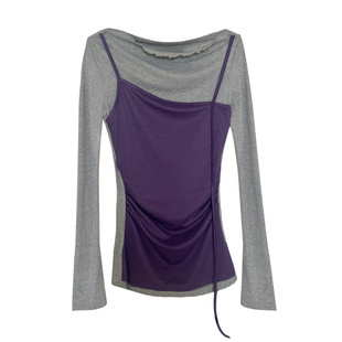 L少女 纸片人穿搭！时髦拼接斜肩长袖T恤女秋季修身露肩显瘦上衣