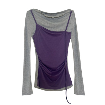 L少女 纸片人穿搭！时髦拼接斜肩长袖T恤女秋季修身露肩显瘦上衣